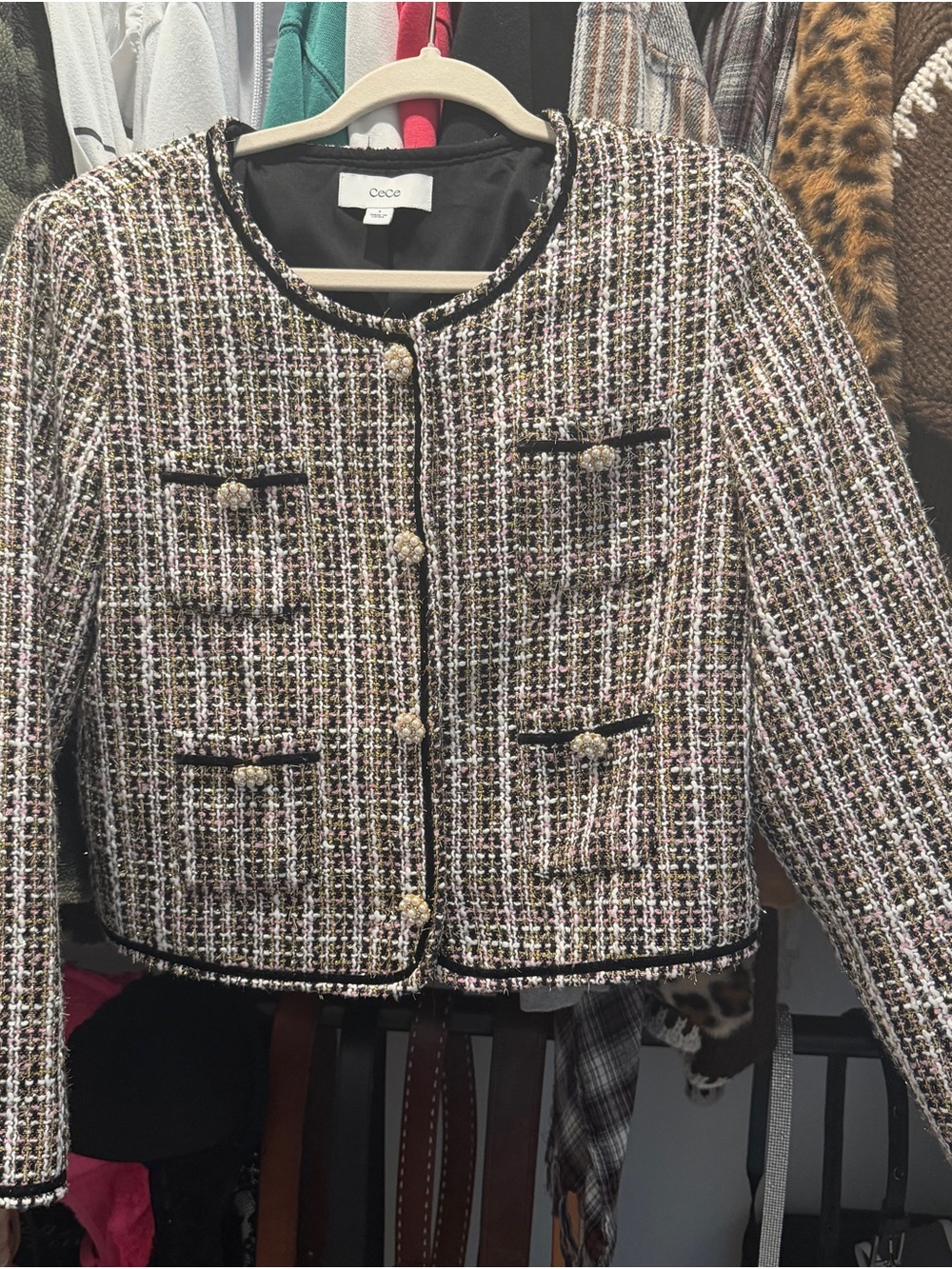 CeCe Multicolor Tweed Cropped Blazer with Pearl Buttons